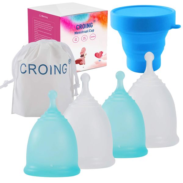 CROING 𝙈𝙚𝙣𝙨𝙩𝙧𝙪𝙖𝙡 𝘾𝙪𝙥 4 pcs Menstrual Cups with 1 pc Silicone Cup and 1 pc Storage Bag,Menstrual Cup Holder, Storing Period Cup (Blue and White)