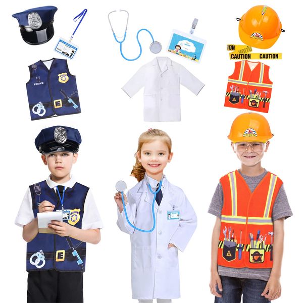 Keymall Kids Dress Up Career Costume Set-Policeman,Construction Worker,Doctor Pretend Play Costume Kit for Kids Ages 3-7