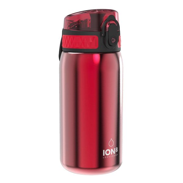 Ion8 Kids Water Bottle, Steel 400 ml/13 oz, Leak Proof, Easy to Open, Secure Lock, Dishwasher Safe, Flip Cover, Carry Handle, Easy Clean, Durable, Carbon Neutral, Metallic Red