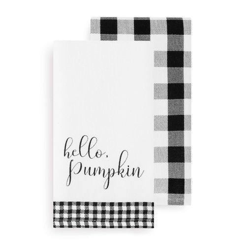 Elrene Home Fashions Farmhouse Living Fall Hello Pumpkin and Check Kitchen Towel Set, 18" x 28", Black/White