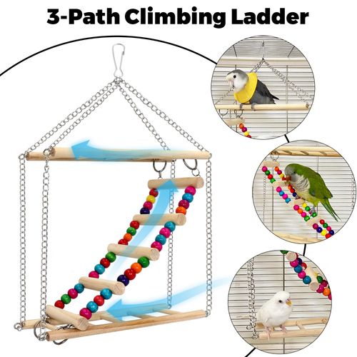 Jevnd 3-Path Bird Ladder for Cage, Edible Natural Brid Swing Toy Hanging for Parrots Chew Toys Exercise Enrichment, Wood Parakeet Ladder Perches for Small and Medium Birds, Cockatiels, Conures
