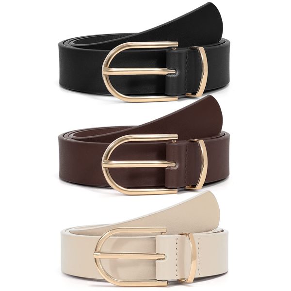 VONMELLI 3 Pack Women's Leather Belts for Jeans Pants Fashion Gold Buckle Ladies Dress Belt Black Coffee Beige S