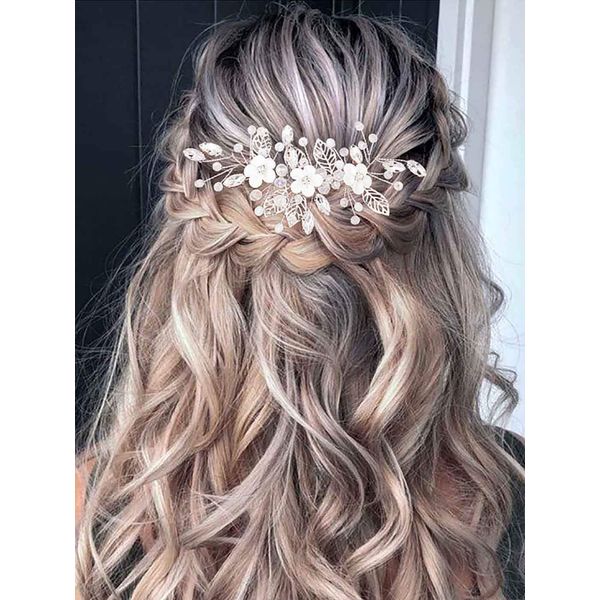 Vakkery Bride Flower Wedding Hair Vines Crystal Hair Piece Bridal Hair Accessories for Women and Girls (Gold)