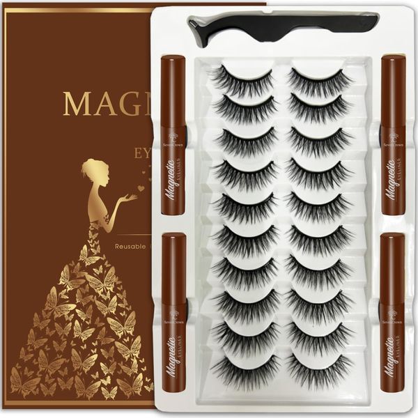 7C SevenCrown Magnetic Eyelashes with Eyeliner Kit - Magnetic Lashes Natural Looking,Upgraded Long Lasting,10 Pairs 3D Reusable 5 Magnet False Eyelashes with Applicator Easy to Apply 4 Brown liner