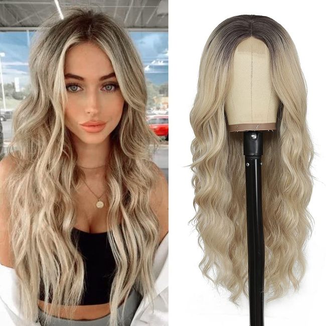 HMHIFI® Long Blonde Wavy Wig for Women 26 Inch Curly Middle Part Lace Wig Natural Looking Upgraded Protein Fiber Hair Replacement Wig Cosplay Costume Halloween Wig(26'' Ombre Blonde)