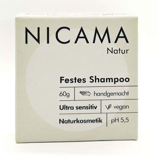 Nicama - Shampoo "Natur (sensitiv)" – 60g - Natur-seife ohne Plastik, Vegan, Palmölfrei, Tierversuchsfrei