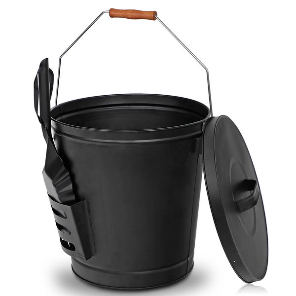 Black Sturdy Metal Fireplace Ash Bucket Stove With Shovel Lid Cover Fire Pits