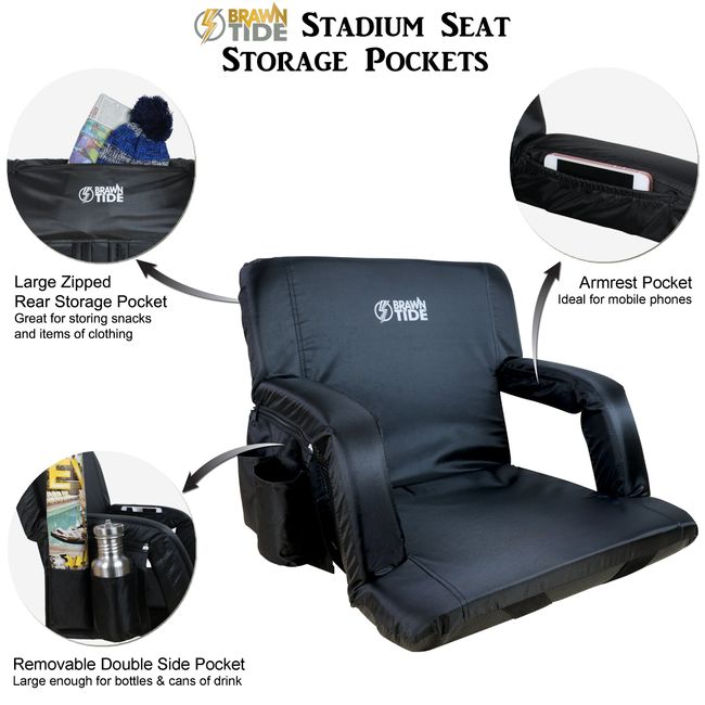 BRAWNTIDE Stadium Seat with Back Support - Comfy Cushion, Thick Padding, 2  Bleacher Hooks, 4 Pockets, Ideal Stadium Chair for Bleachers, Sporting