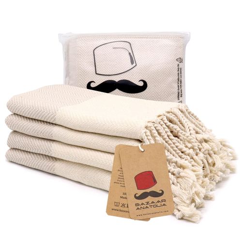 Bazaar Anatolia Hand Towels - Set of 4 | 39" x 19" - Decorative Turkish Hand Towel for Bathroom, 100% Cotton, Kitchen, Face, Hair, Tea, Dishcloth, Cream Guest Towels - Herringbone Beige