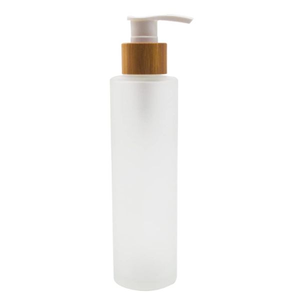 150ML (5 oz) Transparent Frosted Glass Pump Bottle with Bamboo Screw Pump Head Soap Dispenser Storage Containers for Shampoo Body Wash Bath Gel Toner Lotion Cream Cosmetic Essence