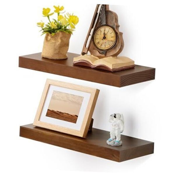 Wood Floating Shelves Set of 2, Rustic Pine Wood 16"W x 7"D x 1.4"H Walnut