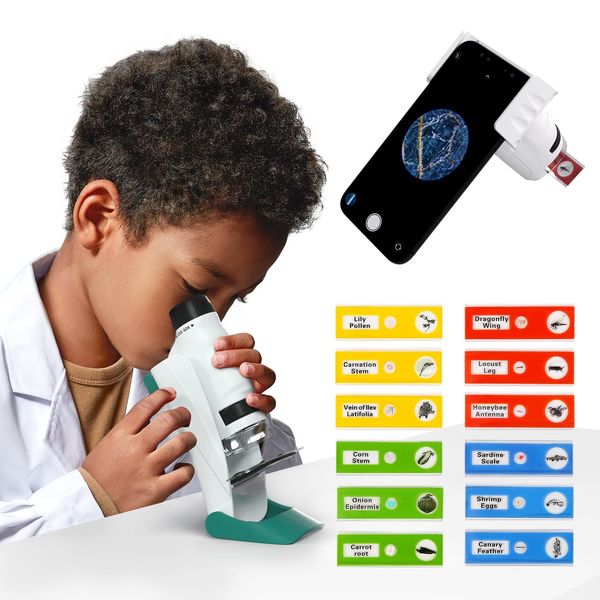 Science Can Microscope for Kids Pocket Microscope 60X-120X with 12 PCS Prepared Slides LED Light Outdoor Portable Mini Microscope Educational Science Kit for Kids Age 8+ Boys Girls Gift