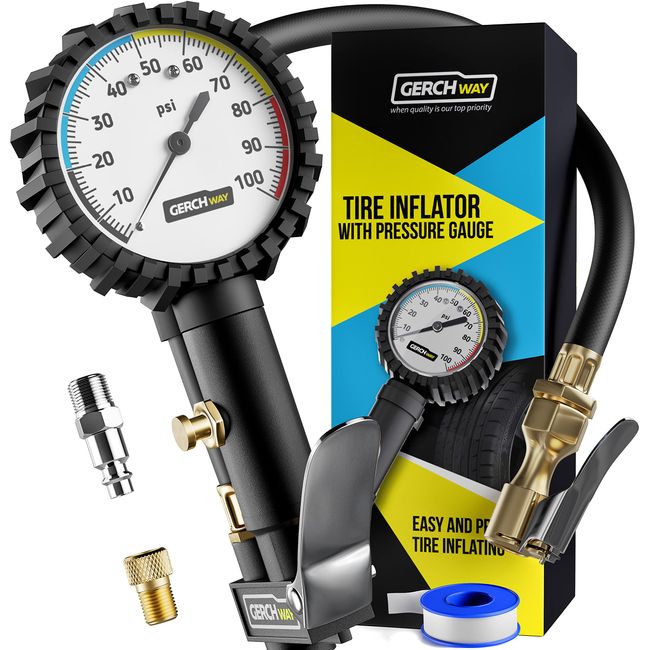Tire Inflator with Pressure Gauge and Longer Hose - Most Accurate, Heavy Duty Air Chuck with Gauge for Air Compressor Tire Inflator Attachment - 100PSI