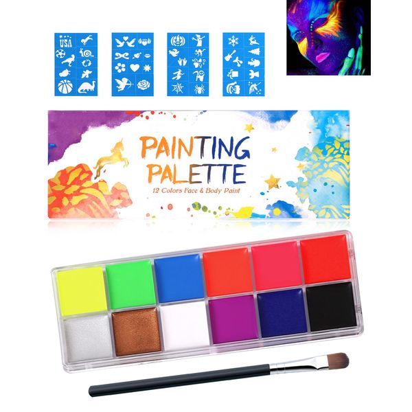 Gesichtsfarbe UV Set 12 Farben, Waschbar Sichere Körperfarben Schminkpalette, Neon Fluoreszierend Face Painting Bodypaint Schminkset, Professionell Theaterschminke für Karneval Halloween Party Make-Up