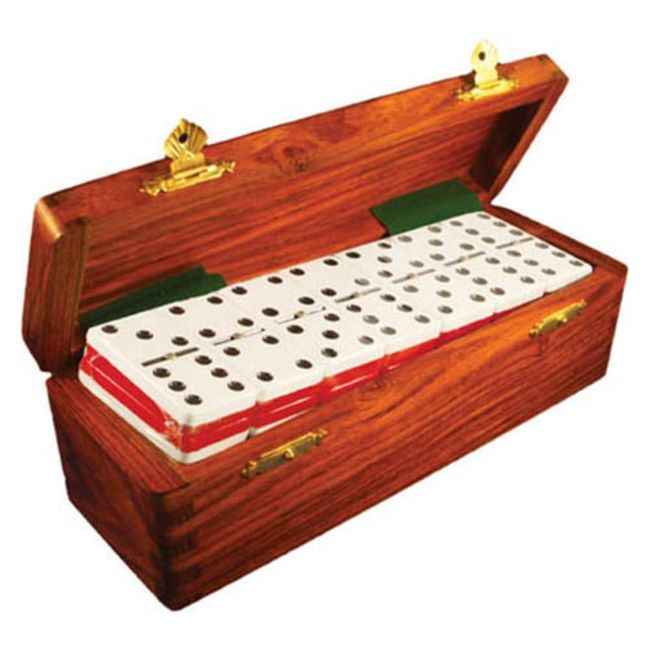 Domino Double Six Two Tone Red & White in Dovetail Jointed Sheesham Wood Box - Jumbo Tournament Size with Spinners