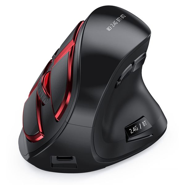 Seenda Ergonomic Mouse Wireless, Rechargeable Vertical Mouse for Multi-Purpose (BT3.0/5.0/2.4GHZ), Ergonomic Mouse Bluetooth for Laptop/PC/Smart TV/Mac/Smartphone/Tablet/iPad - Black and Red