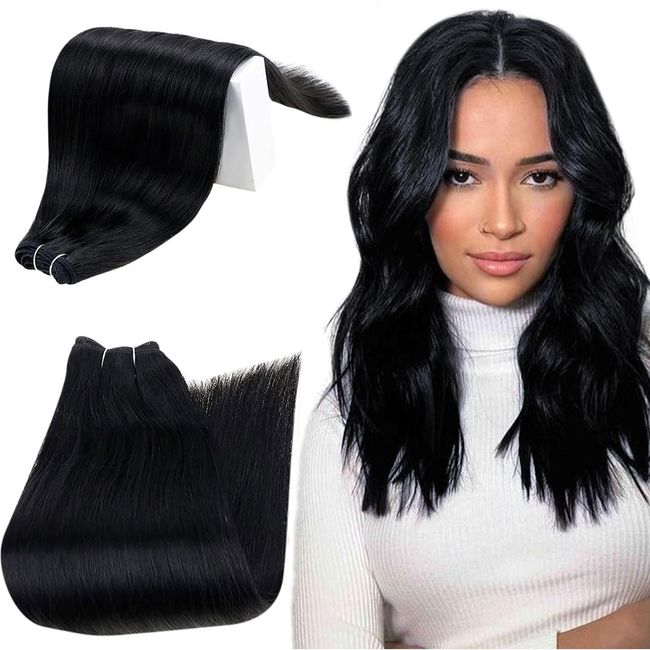 RUNATURE Echthaar Tressen Schwarz Human Hair Weft Tressen Echthaar Glatt Haar Sew in Weave Extensions Echthaar Haartressen 70g 30cm 12 Zoll #1 Pechschwarz