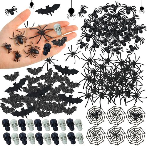 DRWATE Halloween Plastic Bats Spiders Skull Head 150PCS Mini Bats Spiders Skull Heads Spider Webs for Halloween Decorations Creepy Scary Prank Toys Plastic Insect Toys Halloween Miniatures (Bats)