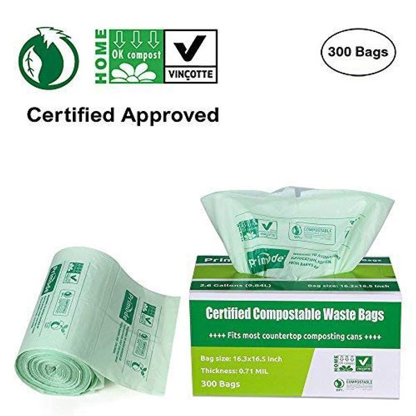 Primode 100% Compostable Bags, 2.6 Gallon Food Scraps Yard Waste Bags, 300 Count, Extra Thick 0.71 Mil. ASTM D6400 Compost Bags Small Kitchen Bags, Certified by BPI and TUV