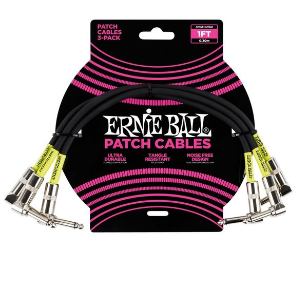 Ernie Ball Flat Pancake Guitar Bass Instrument Patch Cables 3-Pack Black 1ft