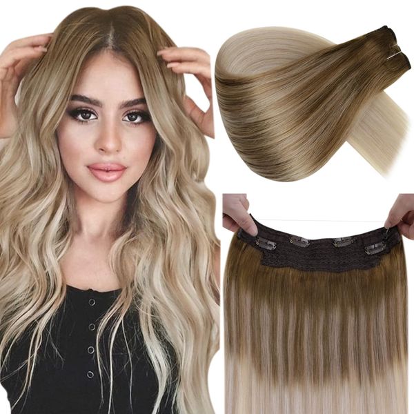 LaaVoo Invisible Wire Hair Extensions Ombre Blond Extensions Echthaar mit Draht Balayage Blonde Wire Extensions Echthaar Hellbraun Ombre Ashblond Fish Line Extensions Echthaar 45cm 80g #8/18/60