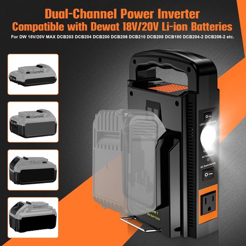 TPDL Dual-Channel Power Inverter Fit for Dewalt 20V XR Battery, 4-Type Output Ports: Output Port AC 110V 180W, USB Port 18W QC3.0, Type C Port 18W PD3.0, DC 12V Output Port, with LED 800 LM Light