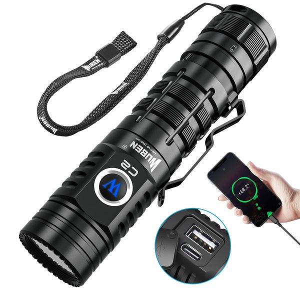 WUBEN C2 Taschenlampe LED Aufladbar Extrem Hell 2000 Lumen, Taktische Taschenlampen USB C Batteriebetrieben, 7 Modi IP68 Wasserdicht Flashlight für Camping Telefon Aufladen Outdoor (4800mAh)