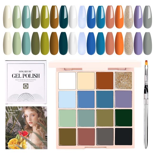 2023 Upgraded Solid Nail Polish Palette, 16 Colour Solid Cream Gel Nail Polish Palette with Brush Solid Gel Polish Palette Cream Pudding Gel Polish Palette Professional