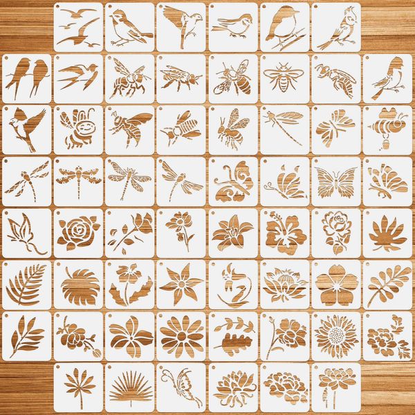 OOTSR 60 Pcs Nature Painting Stencils for Craft Reusable, Drawing Craft Stencils DIY, 3" Templates of Bird Bee Butterfly Dragonfly Flower Leaves, for Scrapbooking Furniture Wood Wall Home Decor