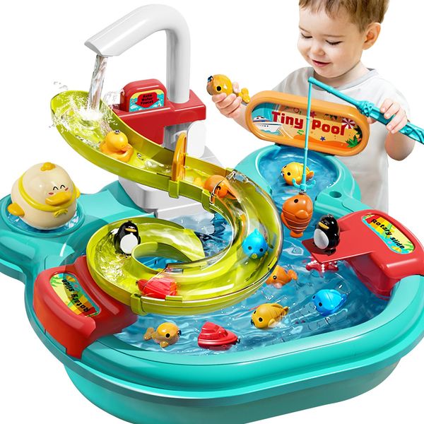 Jiakora Play Sink with Running Water, 3-in-1 Toddler Kitchen Toys, Water Table, Fishing Set, Tracks, Pretend Play Kitchen Cleaning Set Water Toys for Toddlers 1-3