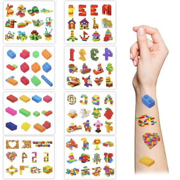 Building Block Temporary Tattoos,8 Sheets Building Bricks Patterned Tattoos for Kids,Waterproof Fake Tattoos for Birthday Party Favors Goodie Bags Stuffers Party Fillers