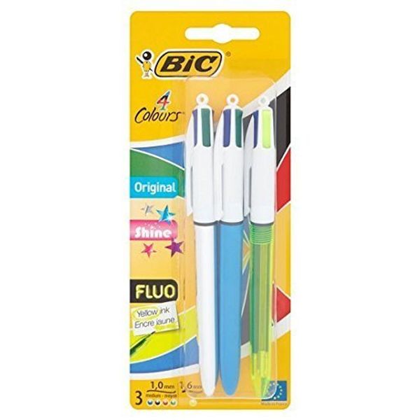 BIC 4 Colour Retractable Pen Shine & Fluo - 3 Pack - With Fluo