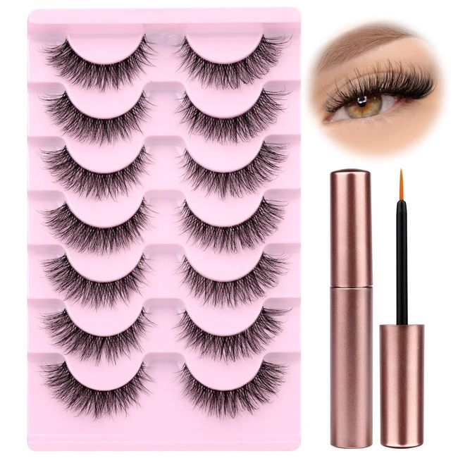 wiwoseo Natural Wispy Fluffy Lashes with Glue Cat Eyes Mink Lashes Clear Band Ey