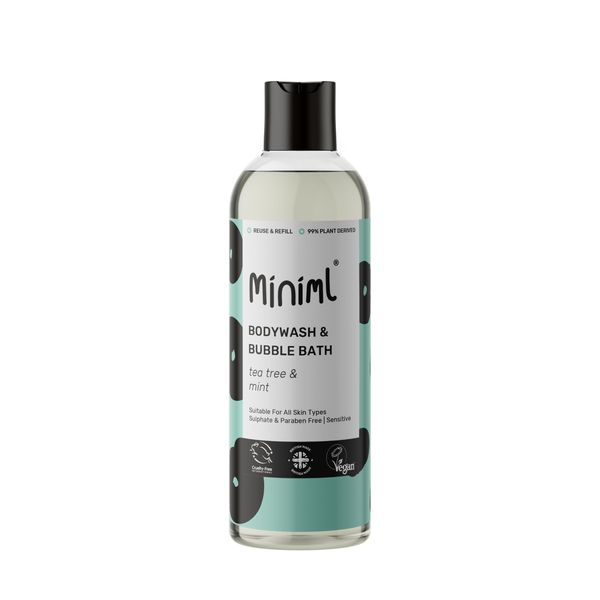 Miniml All Natural Body Wash and Bubble Bath - 500ml Moisturising Tea Tree & Mint Sensitive Skin Eco Shower Gel Bath Soak - Vegan Friendly Hand, Face & Body High Foam