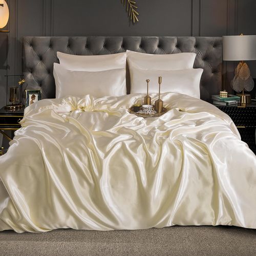 CHARKHAH Satin Silk 6 Piece Complete Bedding Set Durable Silky Fabric with Single Double King Size Bed Fitted Sheet Duvet Cover Comforter and 4 Pillow Cases (Double, Cream)