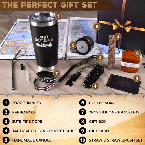 FLYEGO Gift Box for Men, Birthday Gifts Baskets for Men Fathers Day Box Cool Camping Gifts for Men Outdoorsman Gift Set for Guys Boyfriend Husband Dad Son Brother Friend Uncle Grandpa