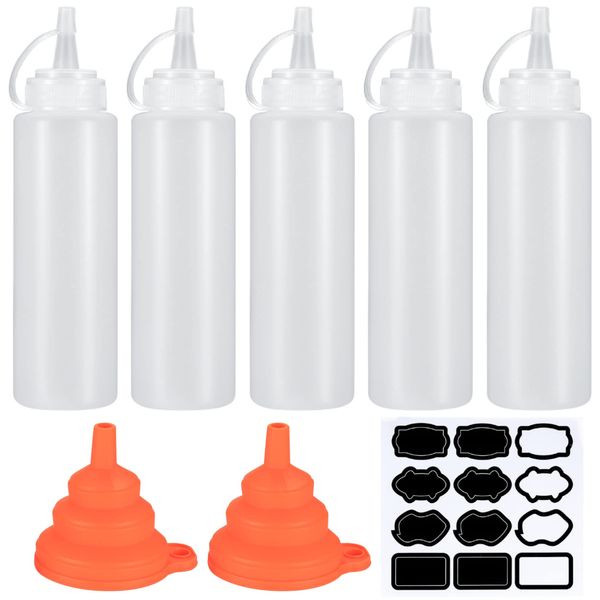 Zhujiehigh 5 Pcs Squeeze Condiment Bottles, Plastic Sauce Seasoning Bottles Dispensers, 8 oz Squeezy Squirt Bottles for Ketchup Mustard Hot Sauces Oil with Funnel, Sticker Lable - White