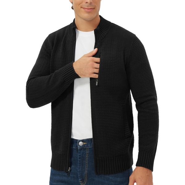 Pioneer Camp Men's Full Zip Up Cardigan Sweater Stand Collar Regular Fit Chest Pocket Knit Sweaters Casual 3 Pockets （New Black;XL）