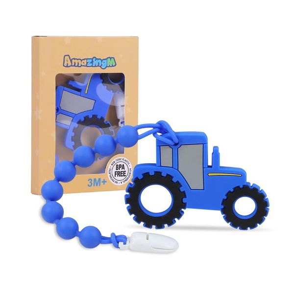 Baby Food Grade Silicone Tractor Truck Teether Toy with One Piece Design Pacifier Clip Holder,Teething Pain Relief Toys Gift Set for 3 Months+ Boys and Girls,Freezer Safe,BPA Free. (Blue)