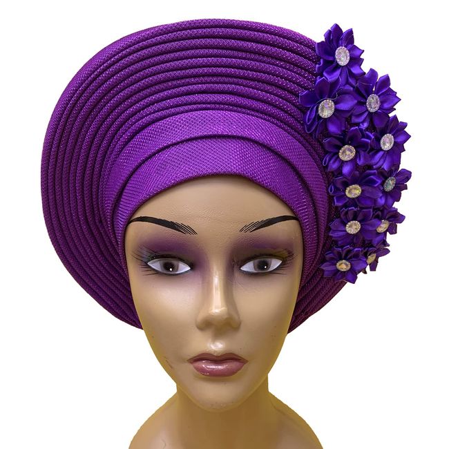 QliHut Fashion Nigerian Gele Headties With Stones Women Head Wrap Beaded Lace Already Made Auto African Headtie For Party (Purple)