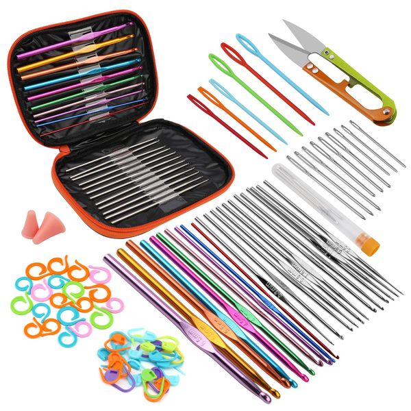 Qzma 80 Pcs Crochet Hooks Set for Beginners, Crochet Hooks Crochet Kit with Storage Case, Ergonomic Knitting Needles Blunt Needles, Knitting Craft Art Tools for Beginners, Orange