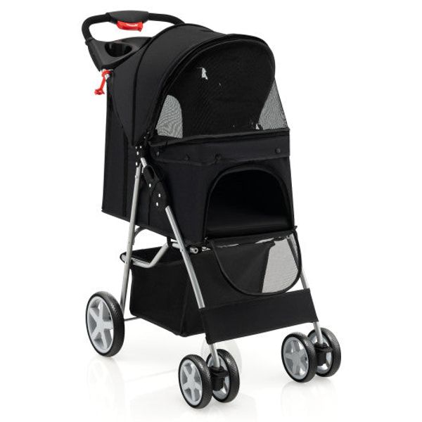 Folding Pet Stroller with Storage Basket and Adjustable Canopy-Black