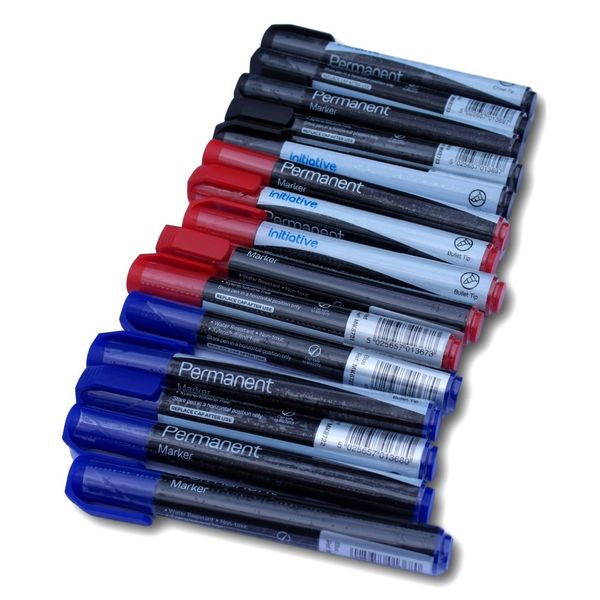 Pack of 15, red, black and blue permanent chisel tip marker pens