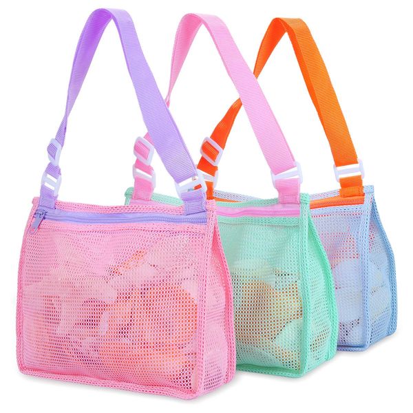 Tagitary Beach Toy Mesh Beach Bag Kids Shell Collecting Bag Beach Sand Toy Seashell Bag Swimming Accessories for Boys and Girls(Only Bags,A Set of 3)