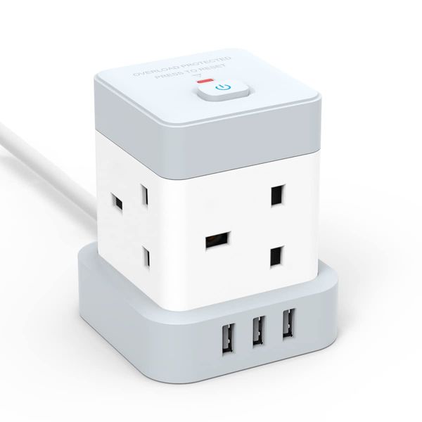 Baykul Extension Lead Cube Power Strip with 3 USB Ports (5V/2.4A) 4 Way Plug 2M Extension Cord Cable Multi Plug Extension Socket for Home Office Travel