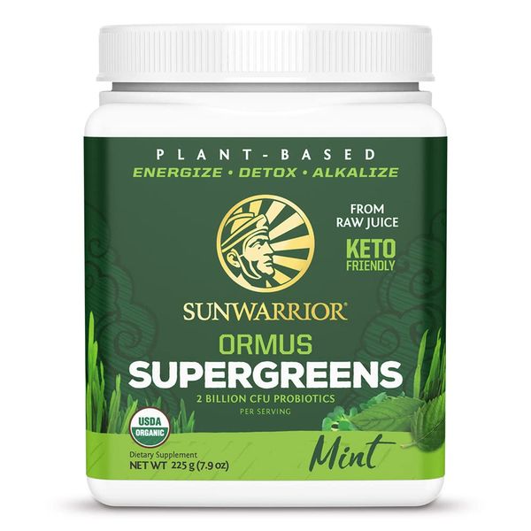 Sunwarrior Vegan Organic Greens Probiotic Powder | 2 Billion CFU Probiotics Organic Raw Juice Soy Free Gluten Free Dairy Free Sugar Free Kosher | Mint 45 Servings | Ormus Supergreens