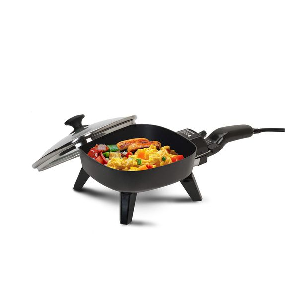 Elite Gourmet EFS-400# Personal Stir Fry Griddle Pan, Rapid Heat Up, 600 Watts Non-stick Electric Skillet with Tempered Glass Lid, Black