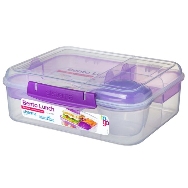 Sistema Bento Box Adult Lunch Box with 2 Compartments, Sandwhich,Salad Dressing Container,Dishwasher Safe,Color May Vary