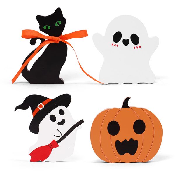 Himmel Cute Halloween Decorations Indoor, 4PCS Ghost Wooden Signs Pumpkin Cat Blocks for Tiered Tray Decor, Halloween Decor for Office Home Party Shelf Display Apartment