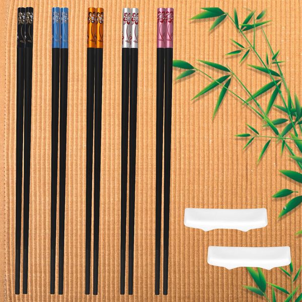 Chopsticks, 5 Pairs Fiberglass Chopsticks Japanese with 2 Holders, Pattern Alloy Reusable Chopsticks, Non Slip Dishwasher Safe Black Sushi Chop Sticks